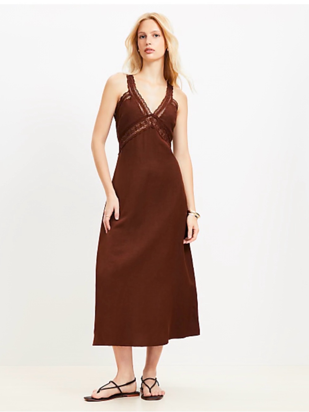 Loft Linen Blend Brown Lace Trim Strappy Midi Dress size Medium
